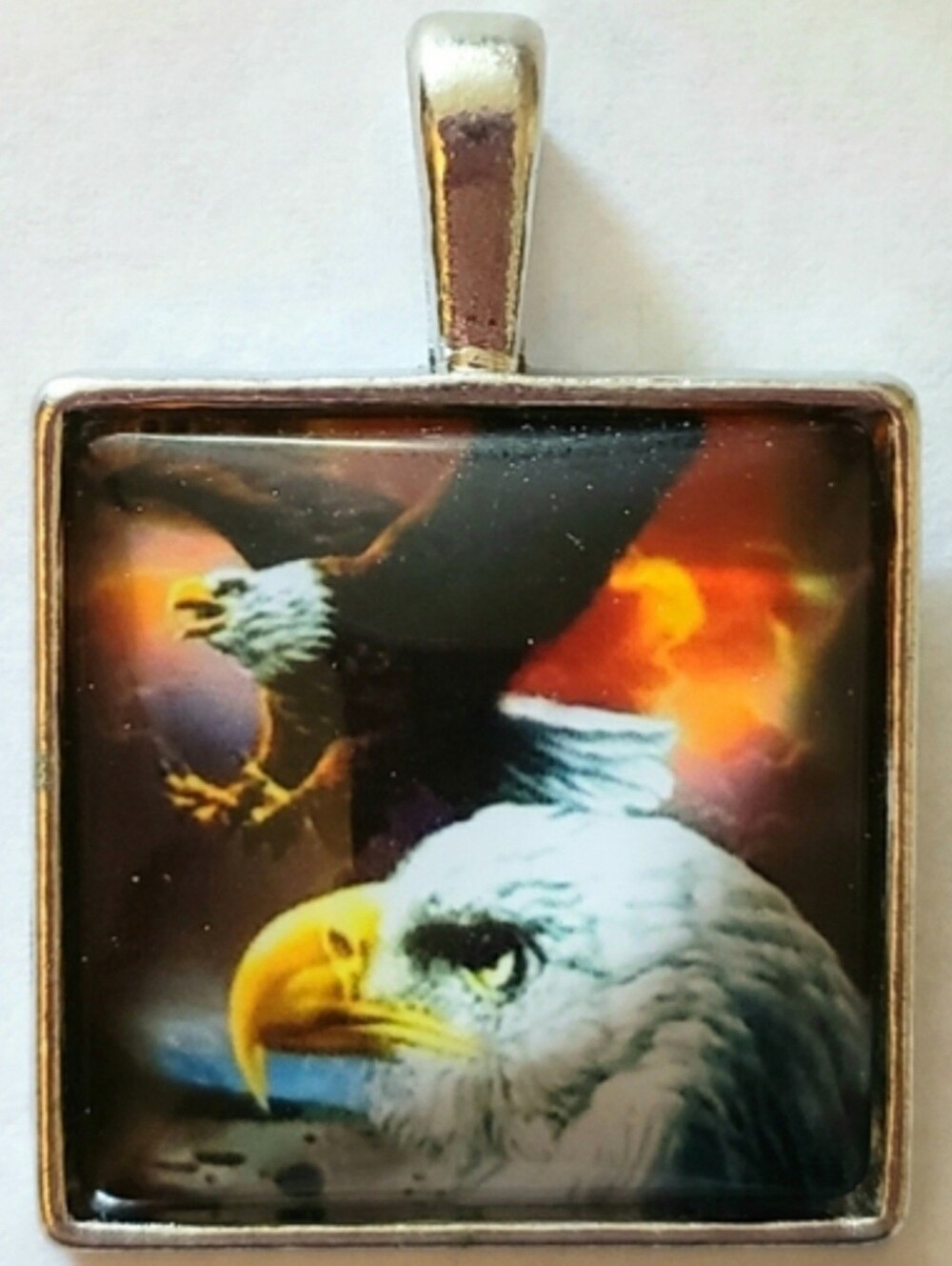 Tile Pendant Necklace Bald Eagle Picture Print Art Long Sweater Chain Silver